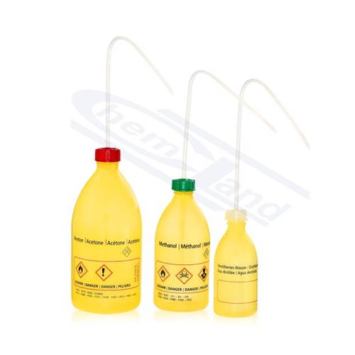 Boca za ispiranje, žuta sa natpisom "DESTILLED WATER", 1000 ml, PE-LD
