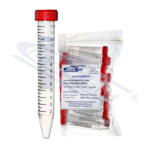 FALCON test tuba 15ml samostojeća, crveni navojni čep, sa poljem za pisanjem, pakovanje 25/1